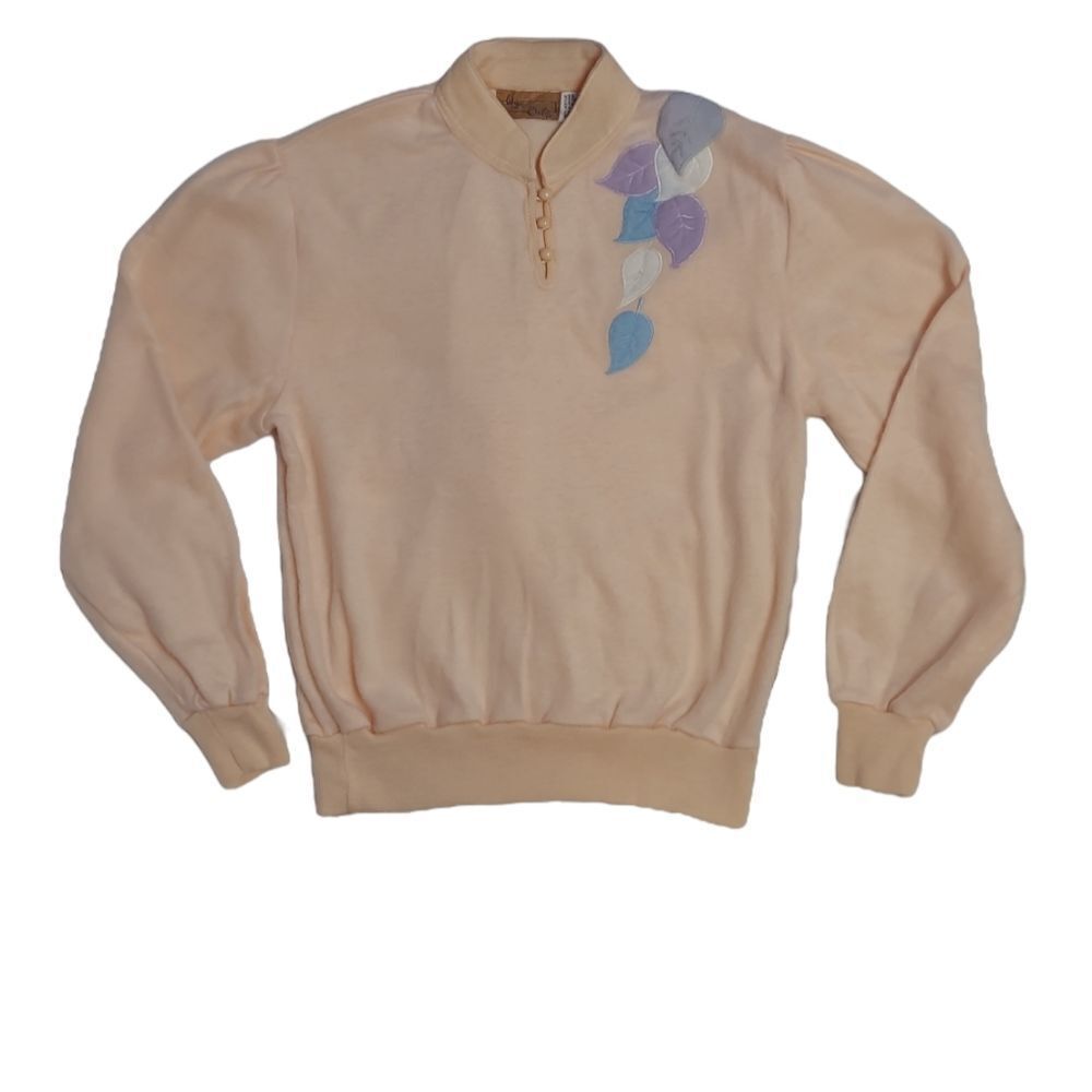 VINTAGE 70s peach top applique leaves mock neck fuzzy sweatshirt S‎